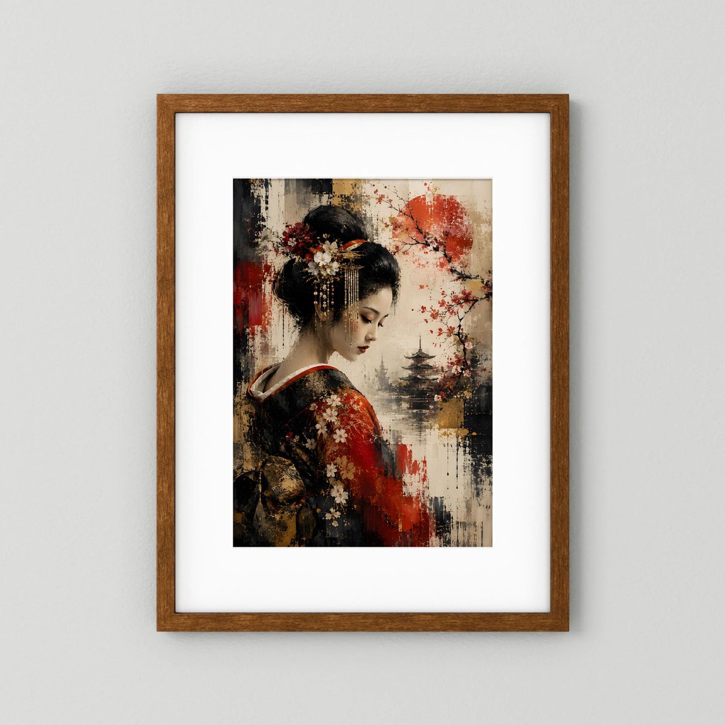 Kunstposter im Hochformat: Geisha-Porträt mit Kirschblüten, roten Akzenten und Pagode, braun gerahmt.