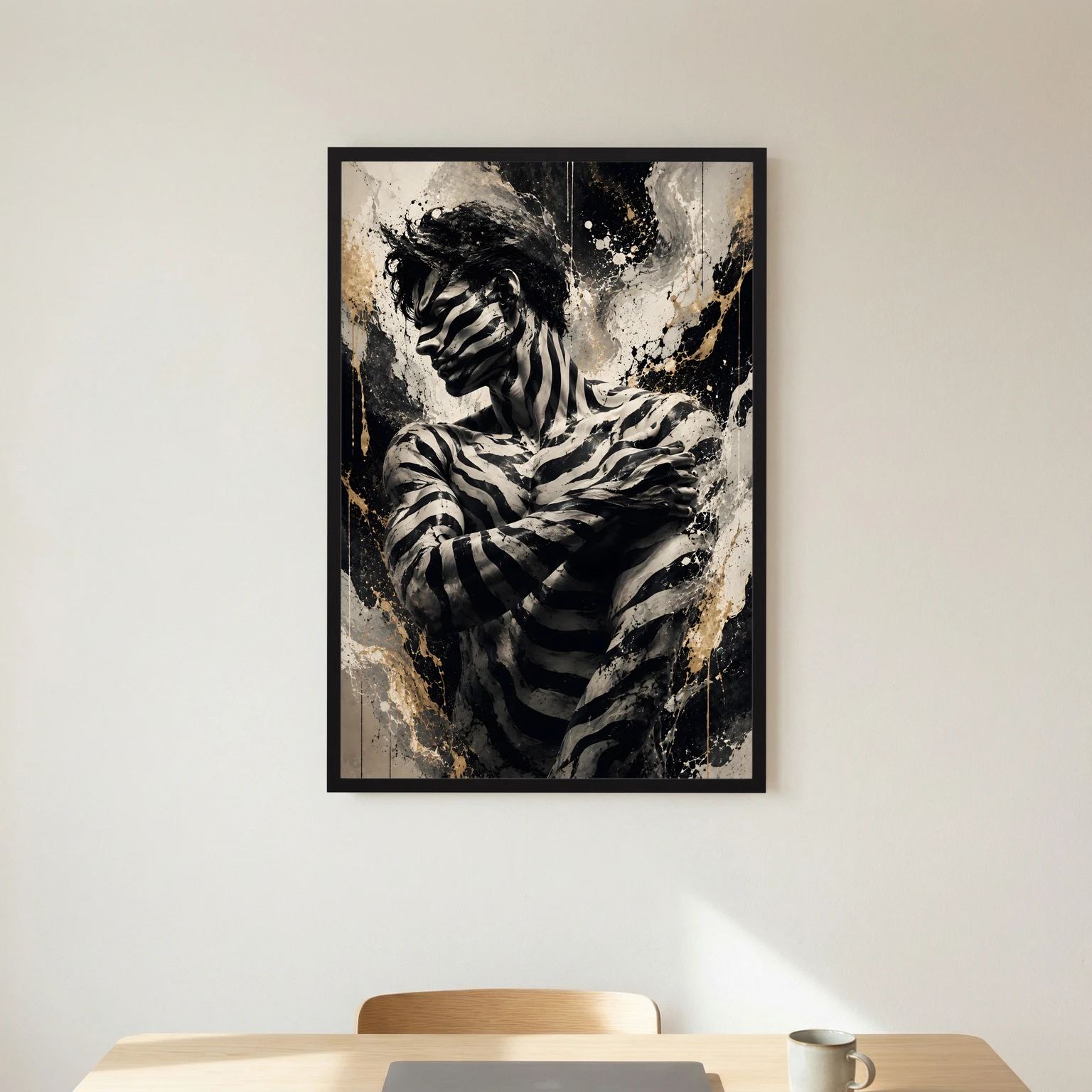 Zebra-Mann Wandkunst im Hochformat, Schwarz-Gold-Spritzer und schwarzer Rahmen