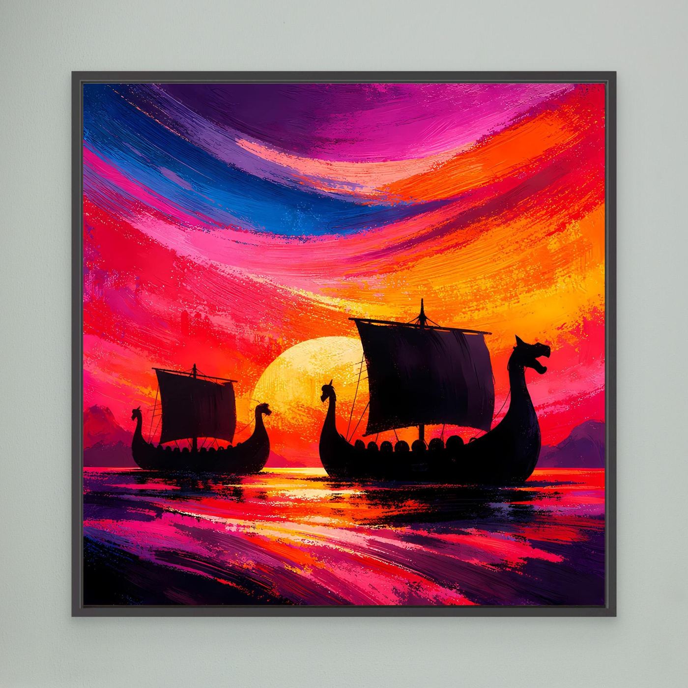 Leinwand-Wandbild mit Wikingerbooten und farbigem Sonnenuntergang, mit schwarzem Rahmen