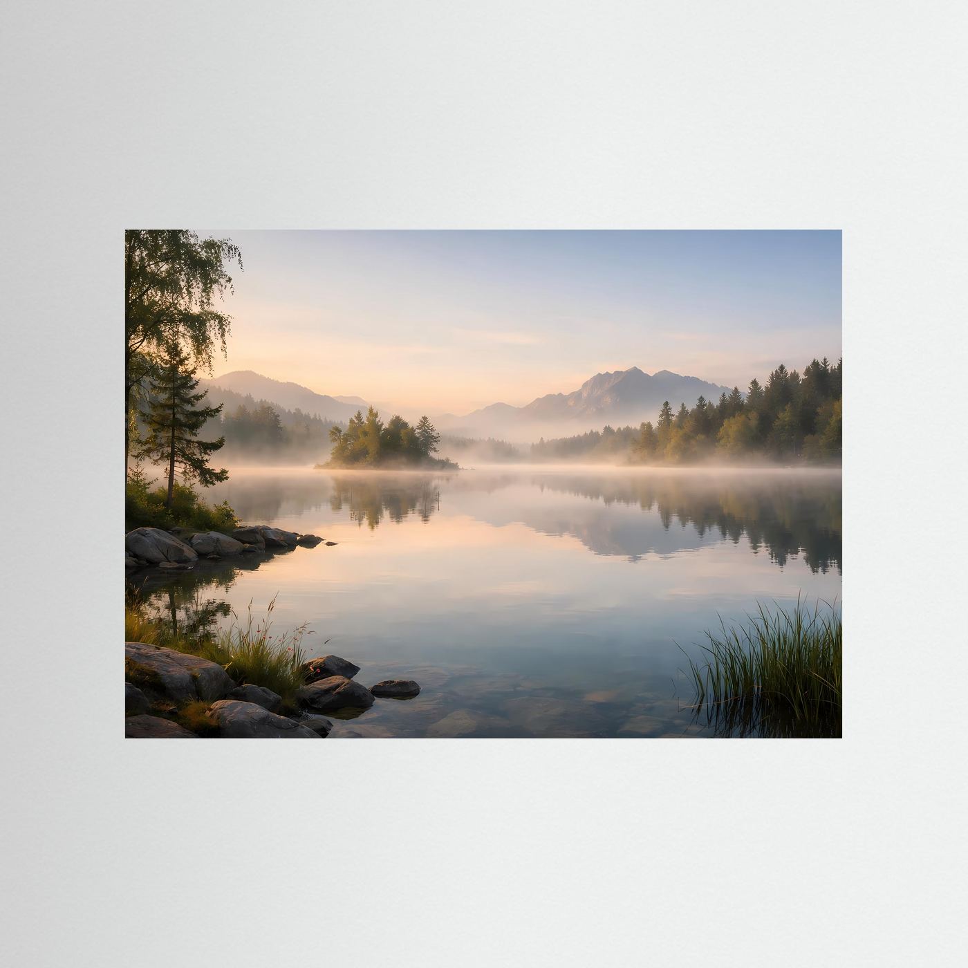 Panoramaposter mit ruhigem Bergsee, Spiegelung, Nebel und Wald am Ufer