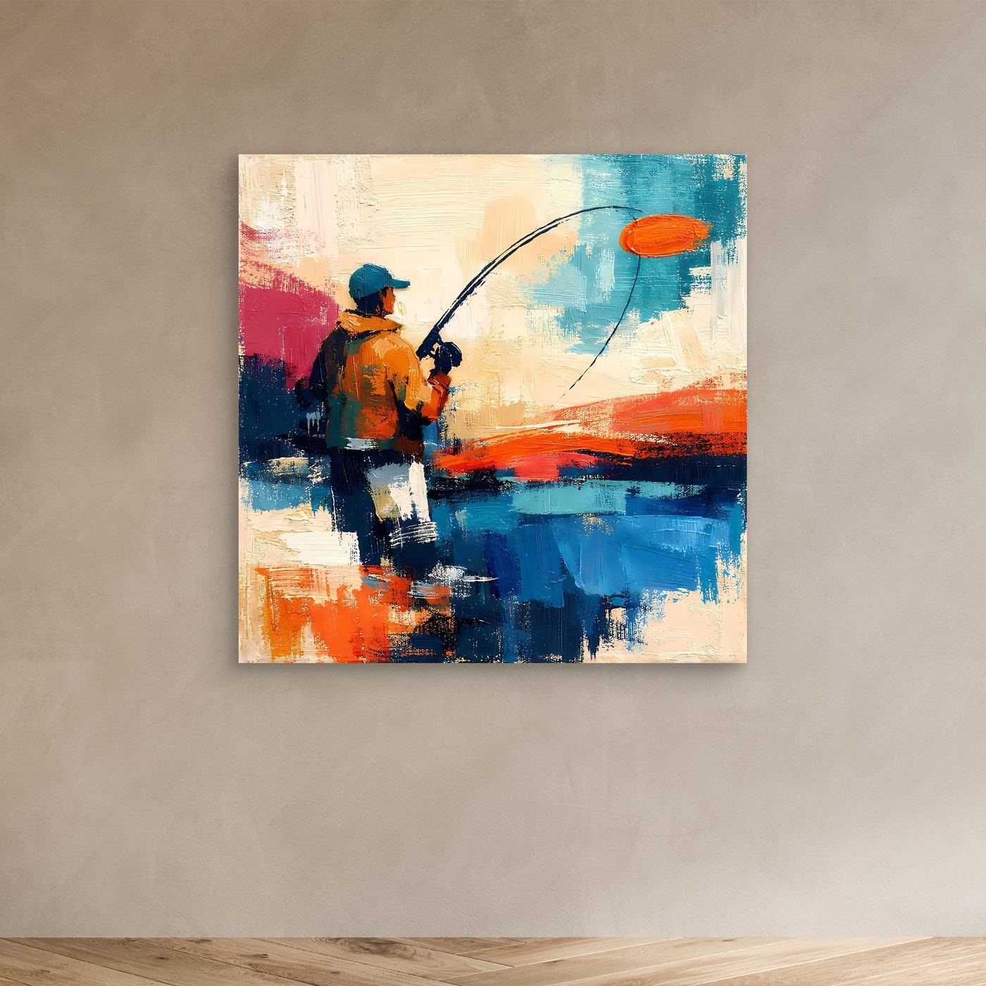 Unframed abstract canvas wall art with an angler casting a line toward an orange bobber.