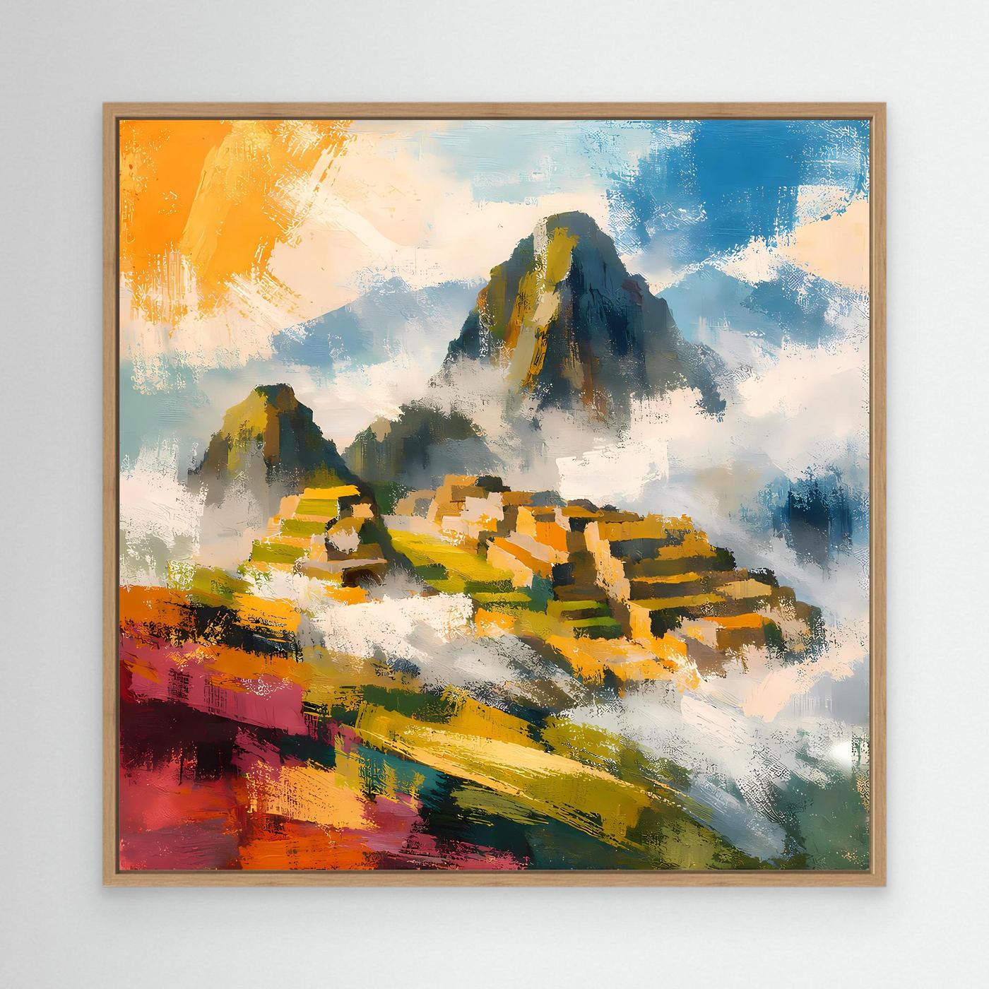 Leinwand-Wandbild mit Inka-Ruinen und Bergmassiv, Blau-Gelb-Rot, im Eichenrahmen.