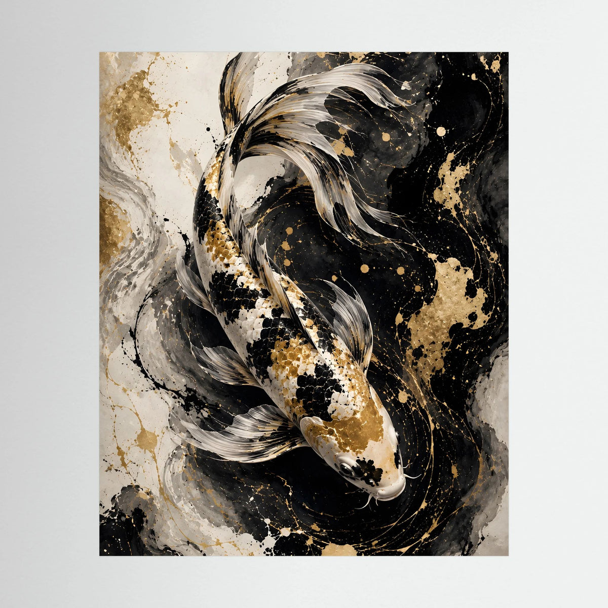 Koi-Wandposter mit abstraktem Karpfen, schwarz, weiß und gold, ohne Rahmen