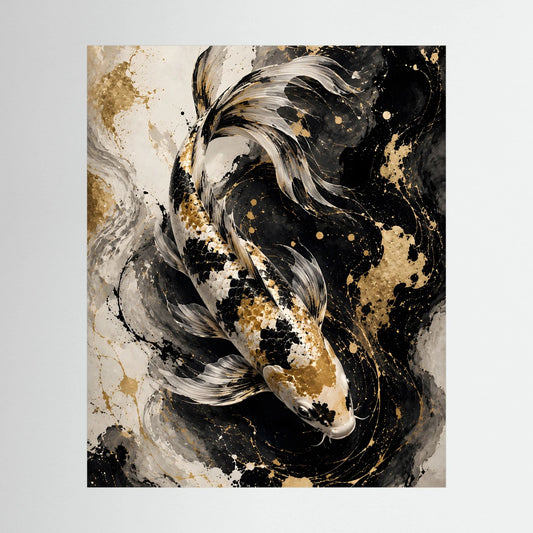 Koi-Wandposter mit abstraktem Karpfen, schwarz, weiß und gold, ohne Rahmen