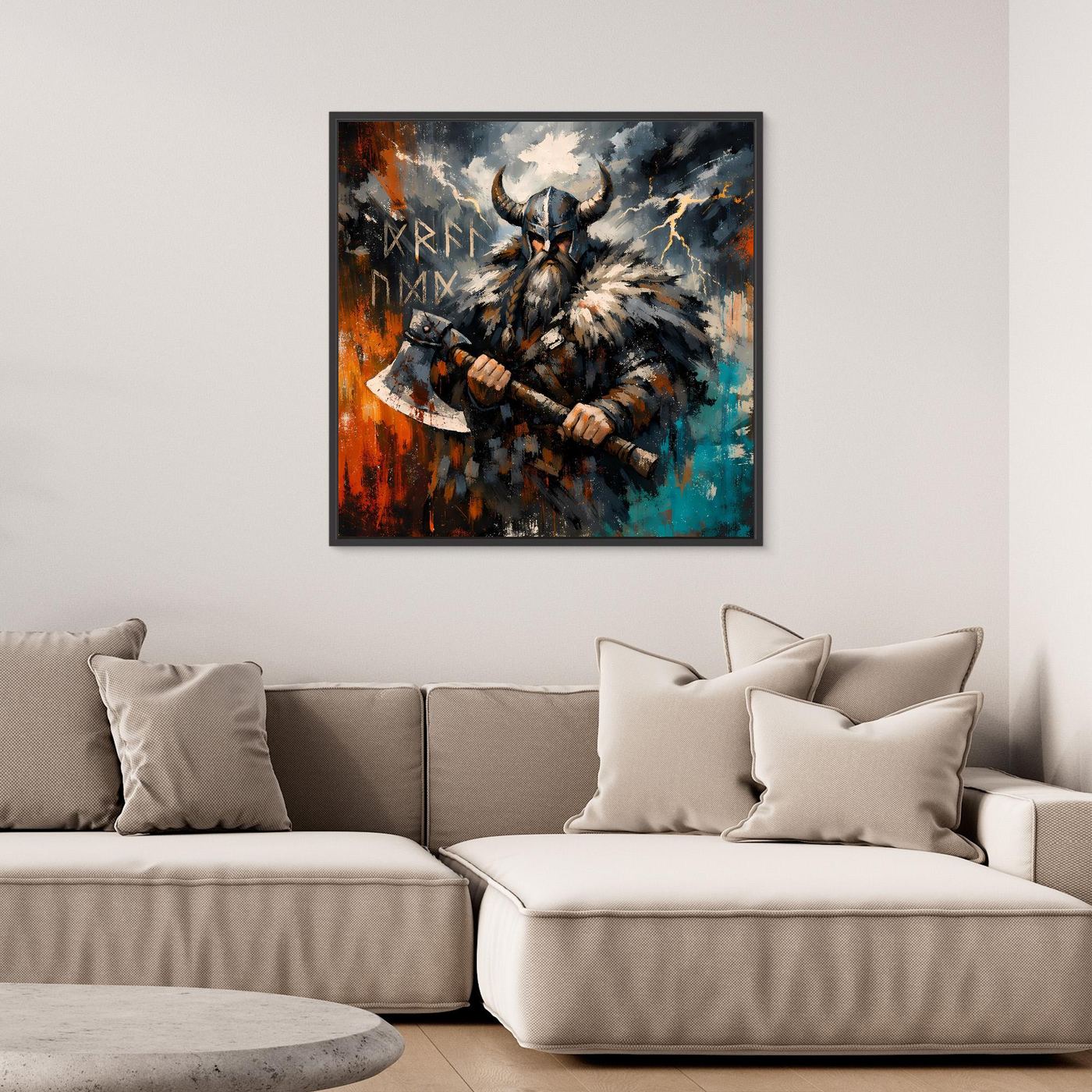 Abstraktes Wandbild mit Wikingerkrieger und Streitaxt, schwarzer Rahmen