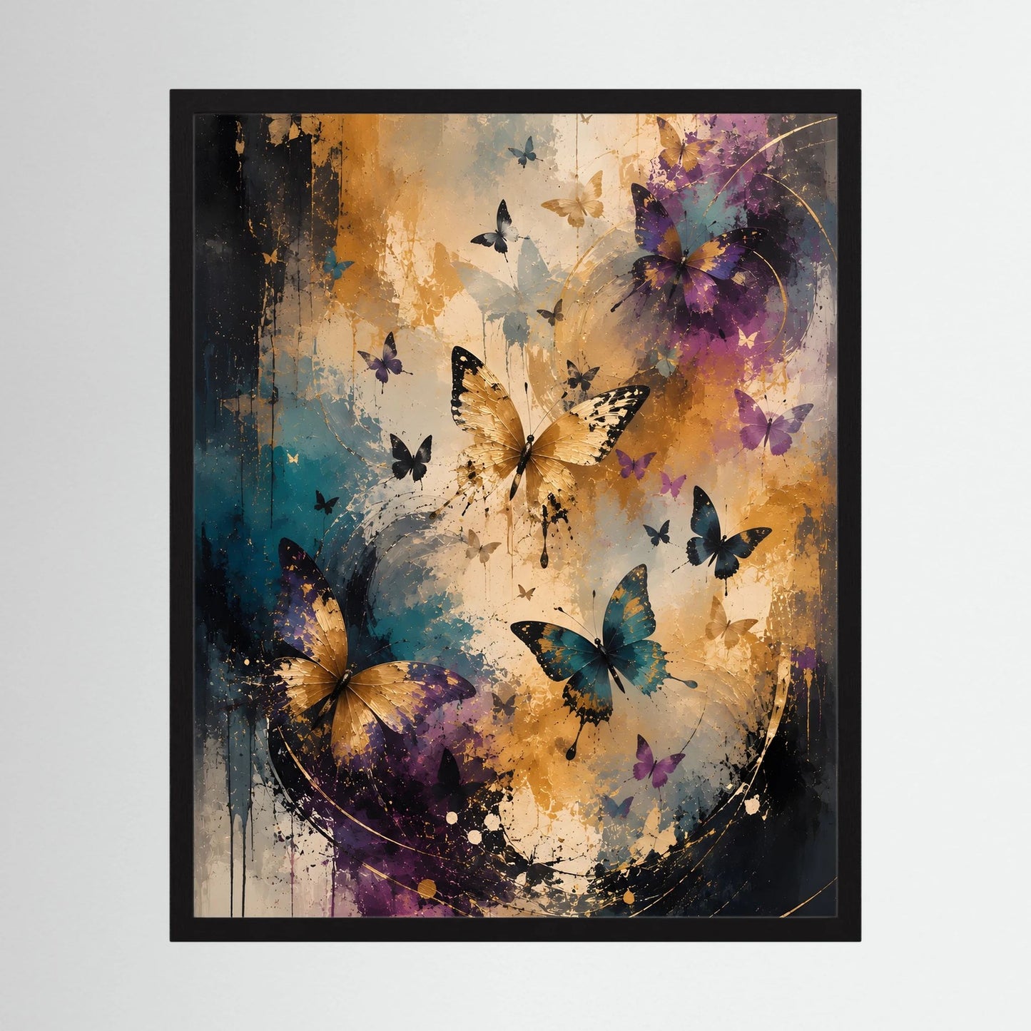 Gerahmtes Hochformat-Poster mit Schmetterlingen in Gold-, Petrol- und Violetttönen