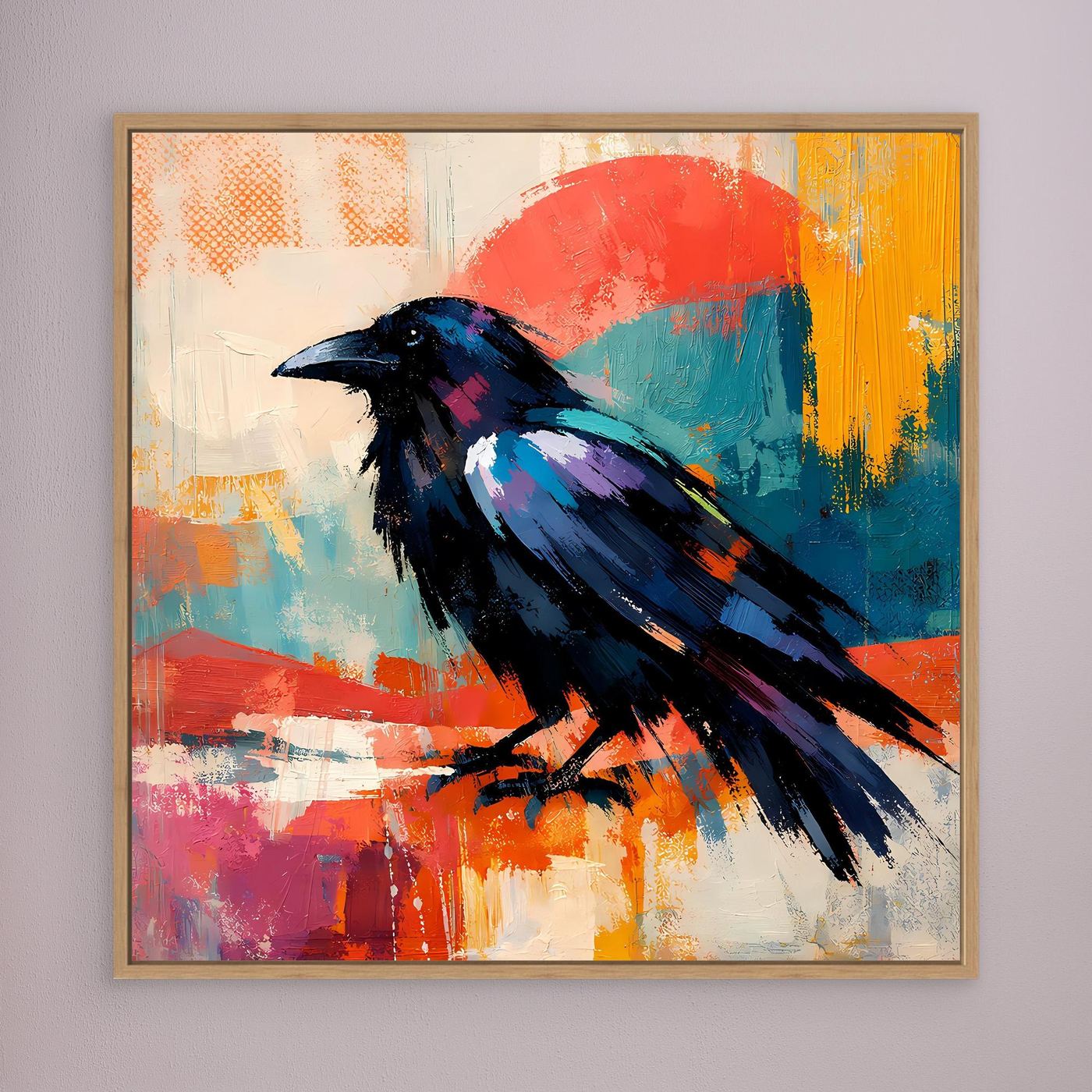Framed canvas wall art: abstract black-and-blue bird on colorful paint splashes, wood frame