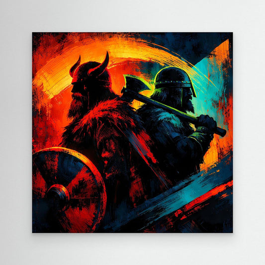 Leinwand-Wandbild mit Wikingerkrieger, Helm und Axt, farbige dynamische Szene mit Schild