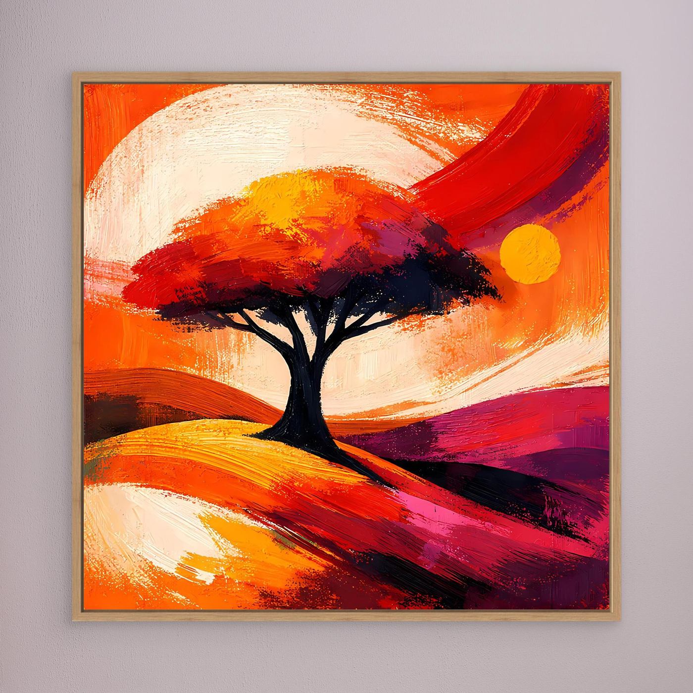 Leinwandbild mit abstraktem Baum in Orange-Rot, schwarzer Stamm, goldener Rahmen