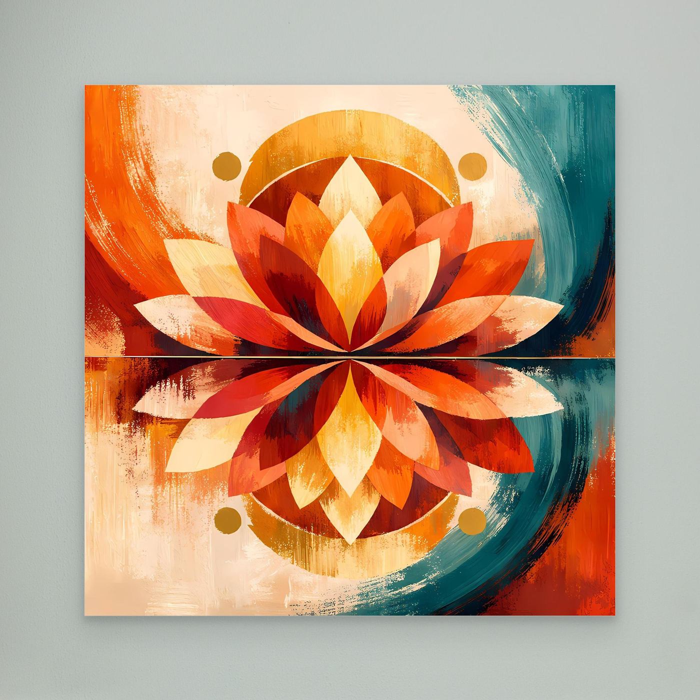 Leinwandbild mit symmetrischer Lotusblüte, abstrakt in Orange und Türkis, rahmenlos.