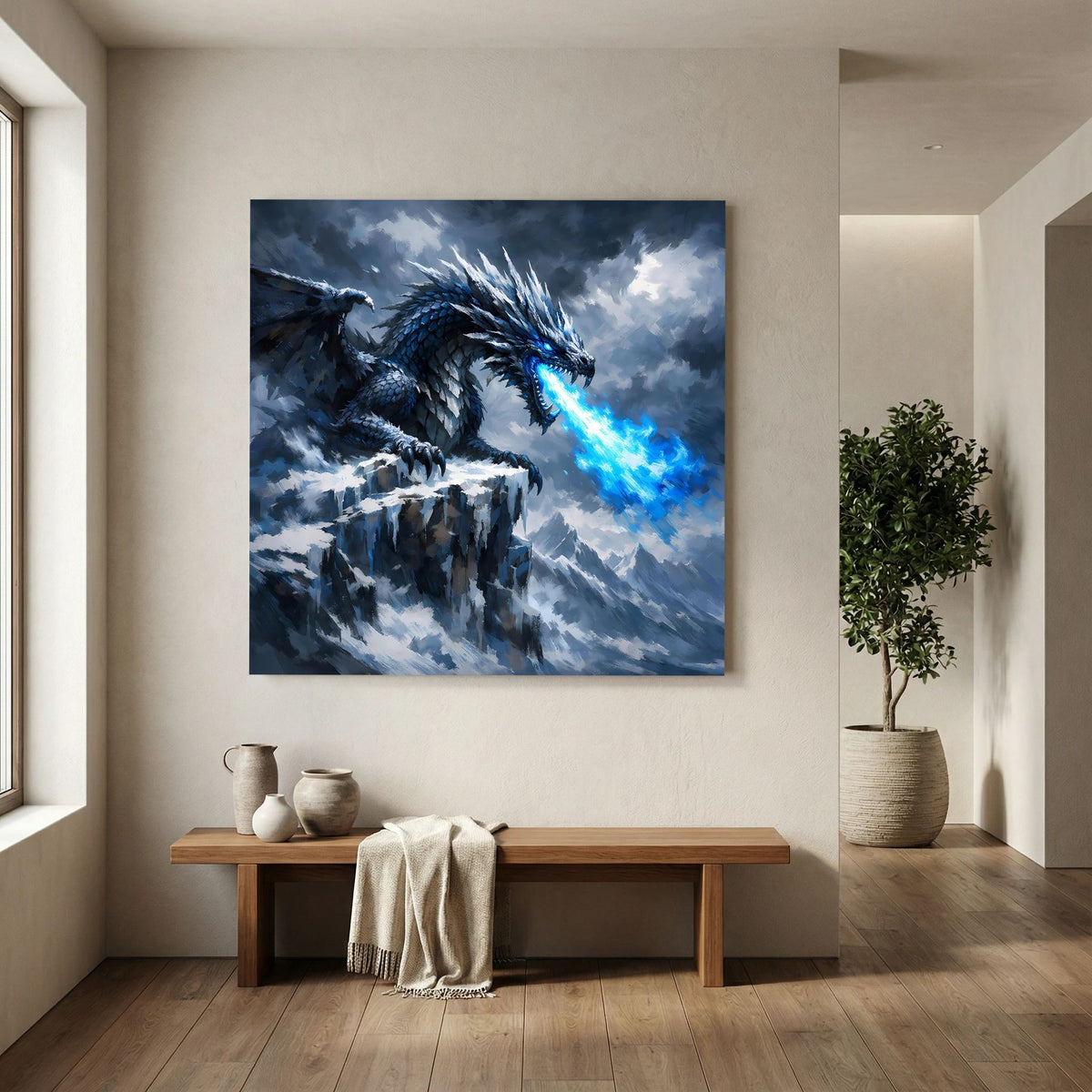 Leinwand-Wandbild mit Eisdrache und Flügeln über schroffen Klippen, blauer Strahl
