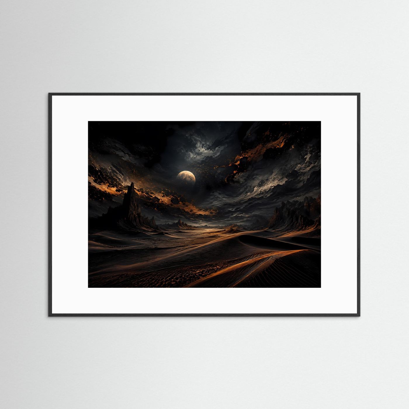 Mystische Wüste bei Nacht | Mondlandschaft Wandbild | Dunkle Dünen mit Gold Licht | Abstrakte Wüstenkunst | Premium Leinwand Poster