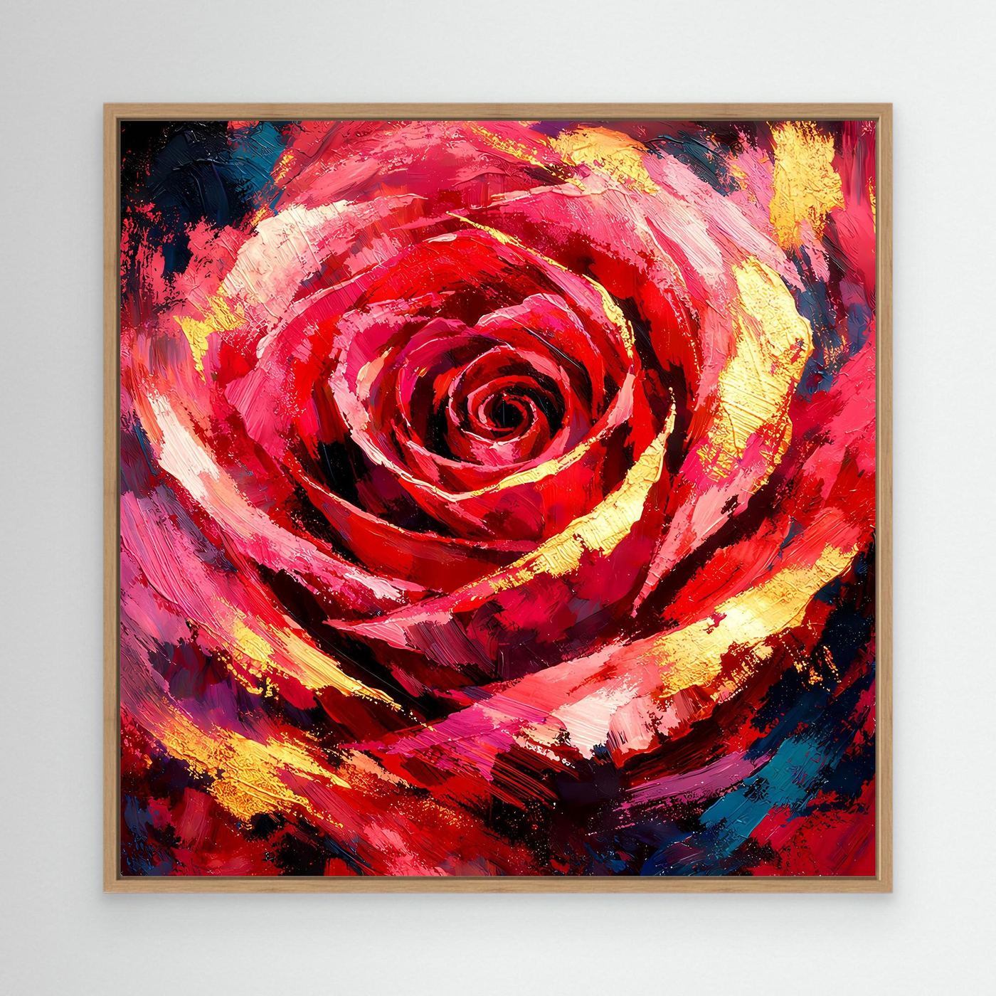Leinwandbild mit abstrakter Rose, rot und gelb, mit Eichenrahmen