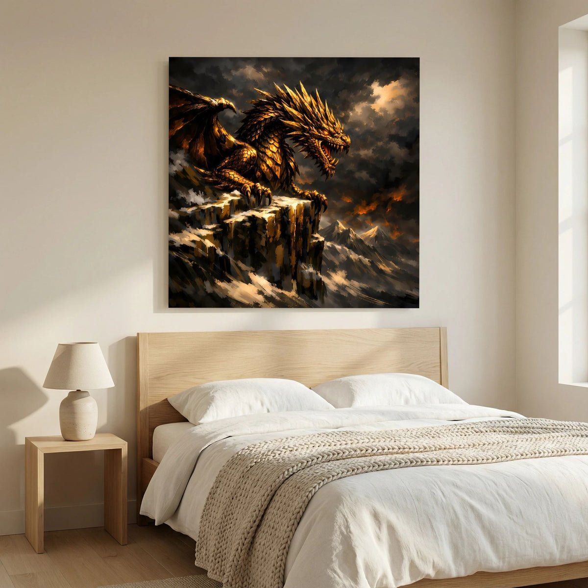Keilrahmen-Wandbild mit goldenem Drachen auf Felsklippe, dunkler Himmel und Flammenakzente
