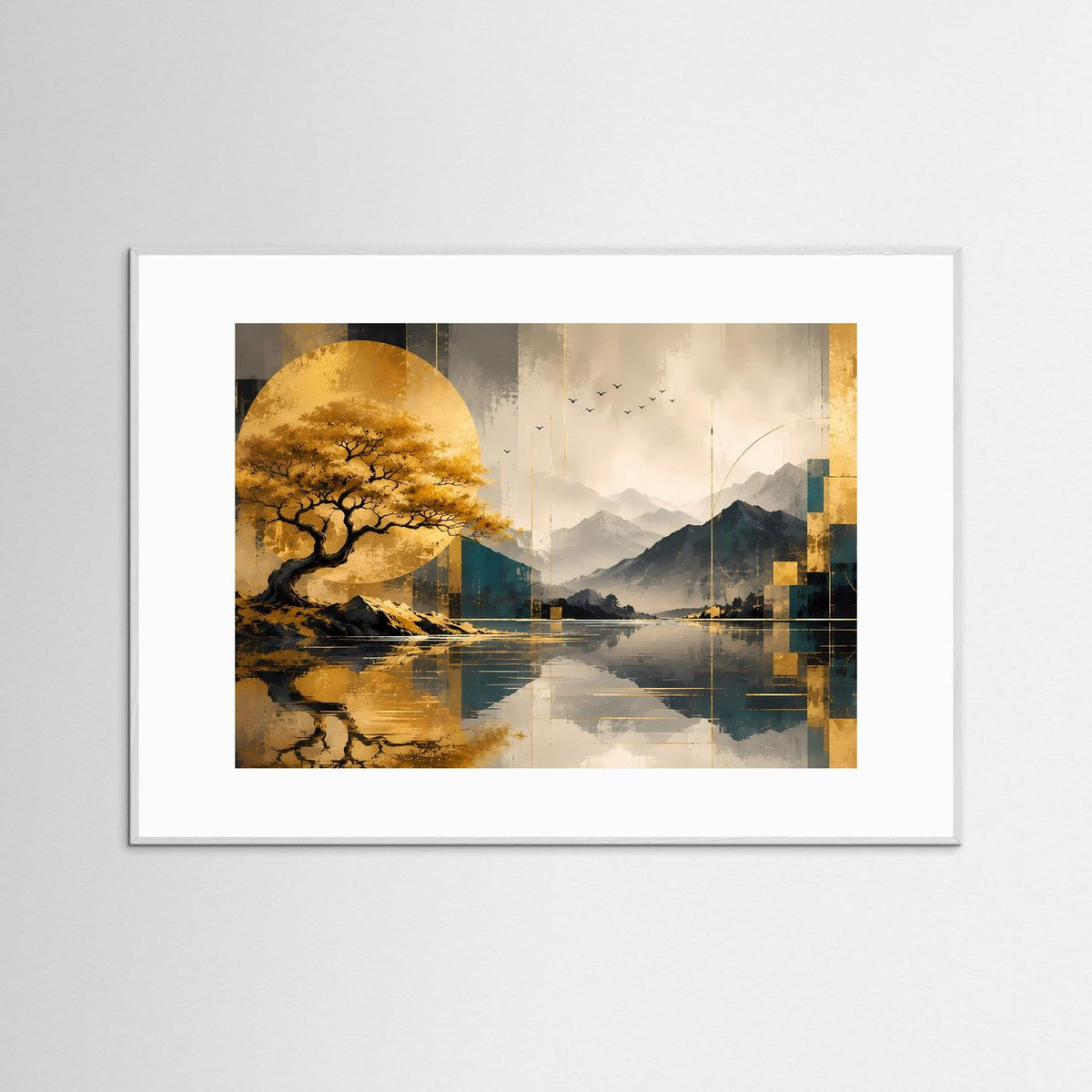 Gerahmter Kunstdruck mit goldenem Baum über Bergsee, goldene Akzente auf weißem Rahmen