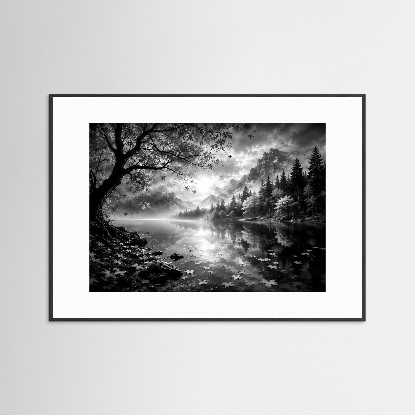 Schwarz Weiß Landschaft Poster | Bergsee Wandbild | Nebel Berge Natur | Monochrome Wandkunst | Moderner Fine Art Print