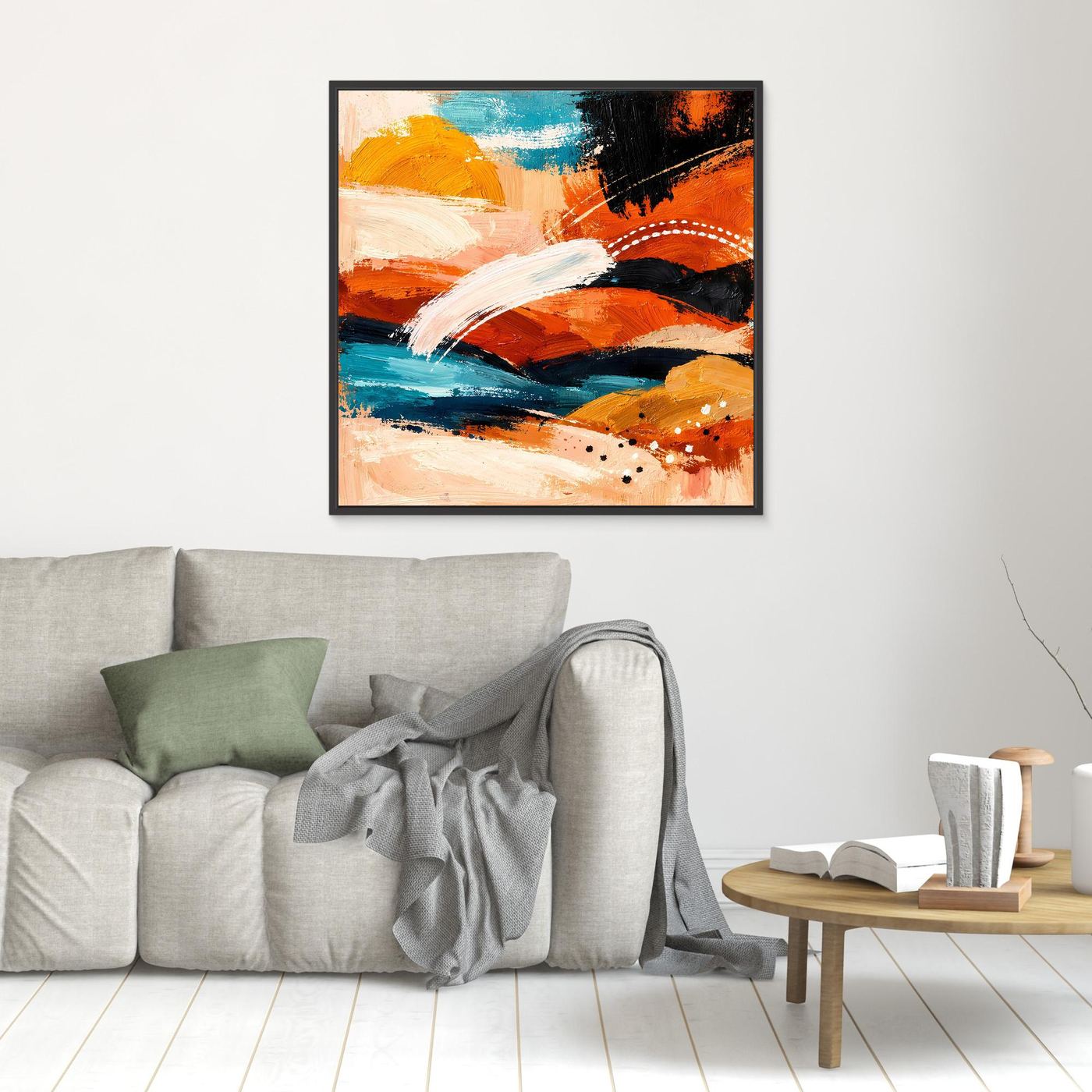 Abstract landscape wall art with teal and orange brushstrokes in a black frame
