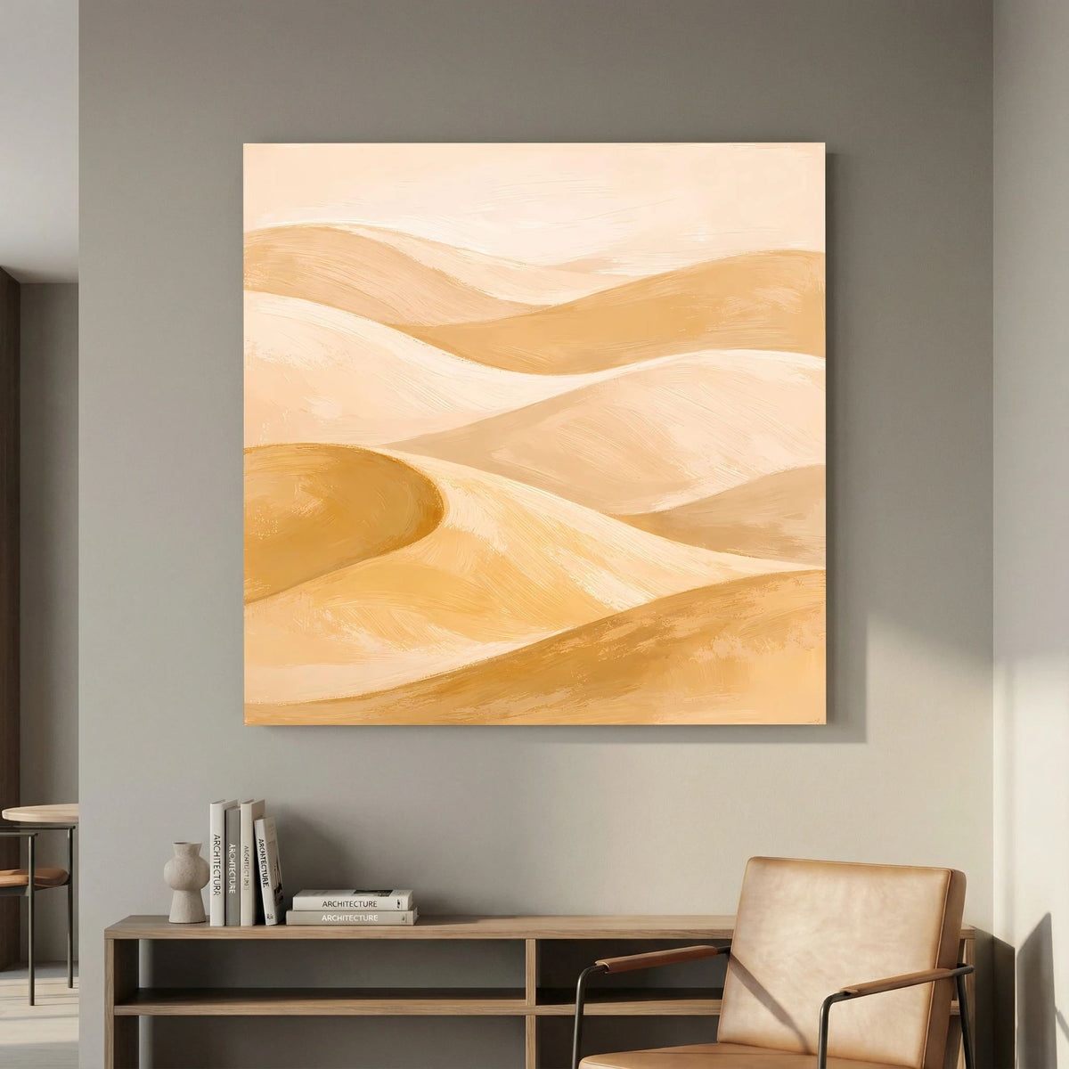 Quadratisches Leinwand-Wandbild mit cremefarbenen Wüstenlinien und goldenen Dünenzonen