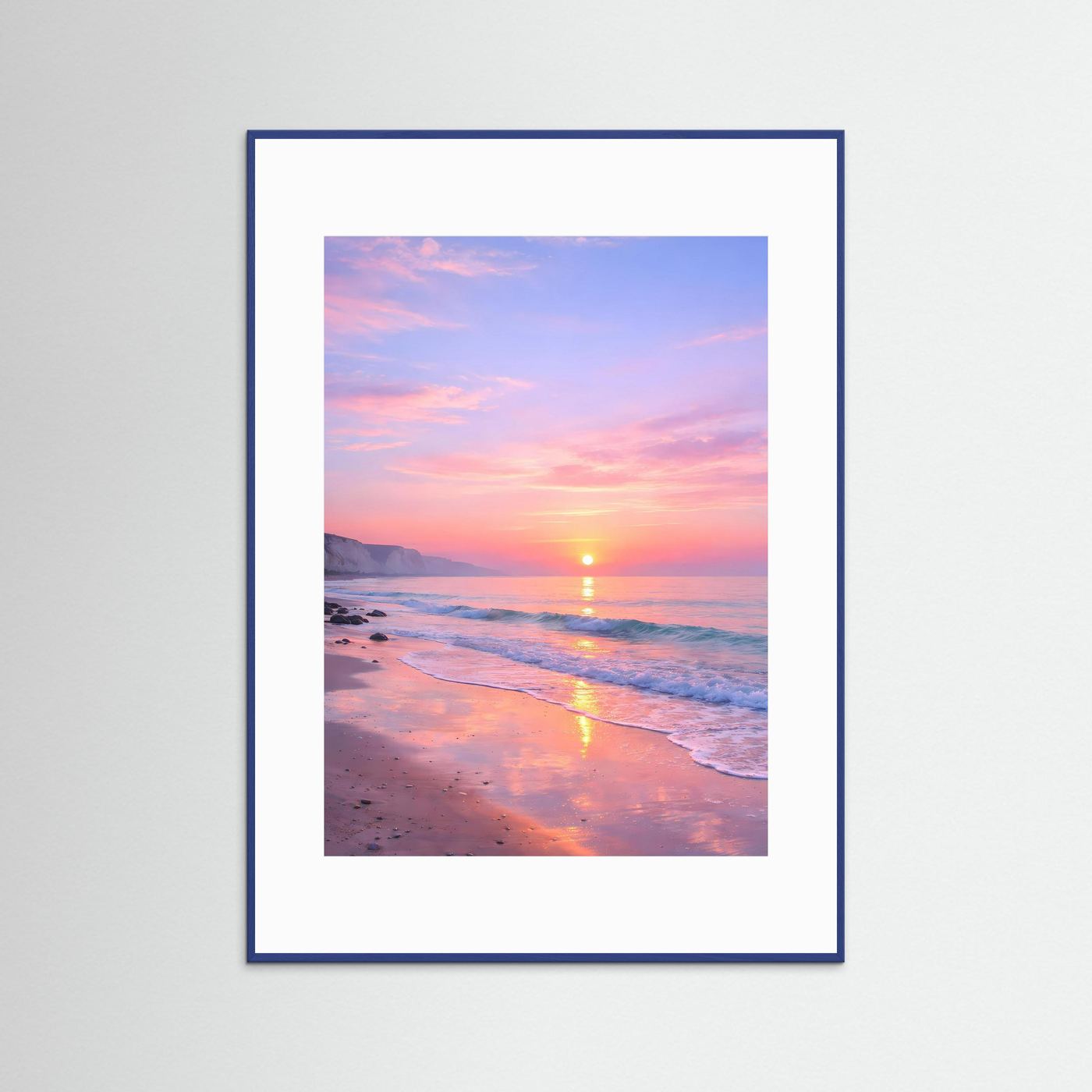 Wandbild-Poster mit Sonnenaufgang am Meer, blauer Rahmen