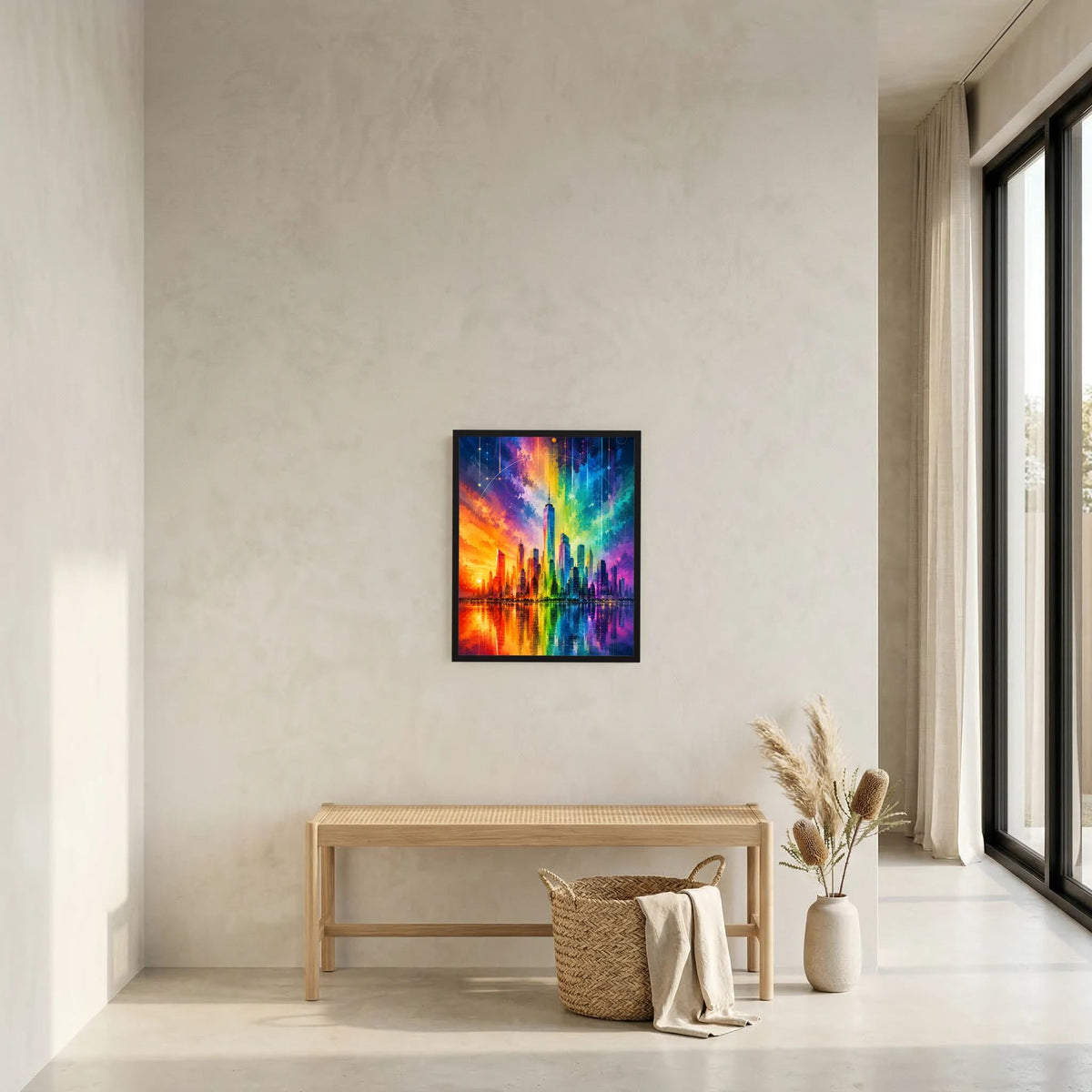 Gerahmtes Stadtposter mit abstrakter Regenbogen-Skyline und farbigen Lichtern am Horizont