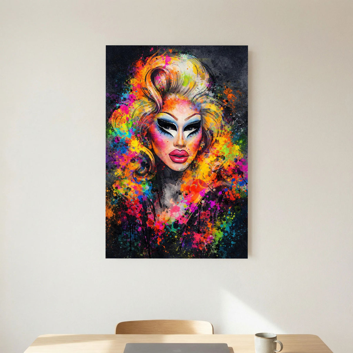 Hochformatiges Poster mit Drag-Queen-Gesicht, kräftige Farbsprenkel im abstrakten Stil.