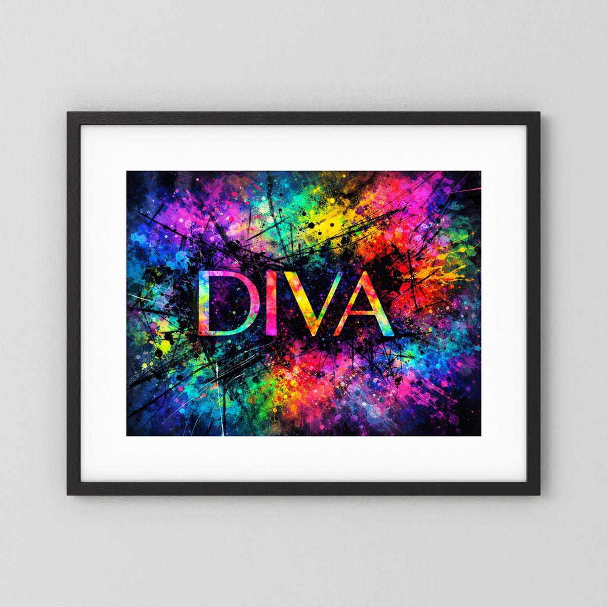 Wandbild „DIVA“ mit abstraktem Neon-Farbdesign im schwarzen Rahmen, querformatig