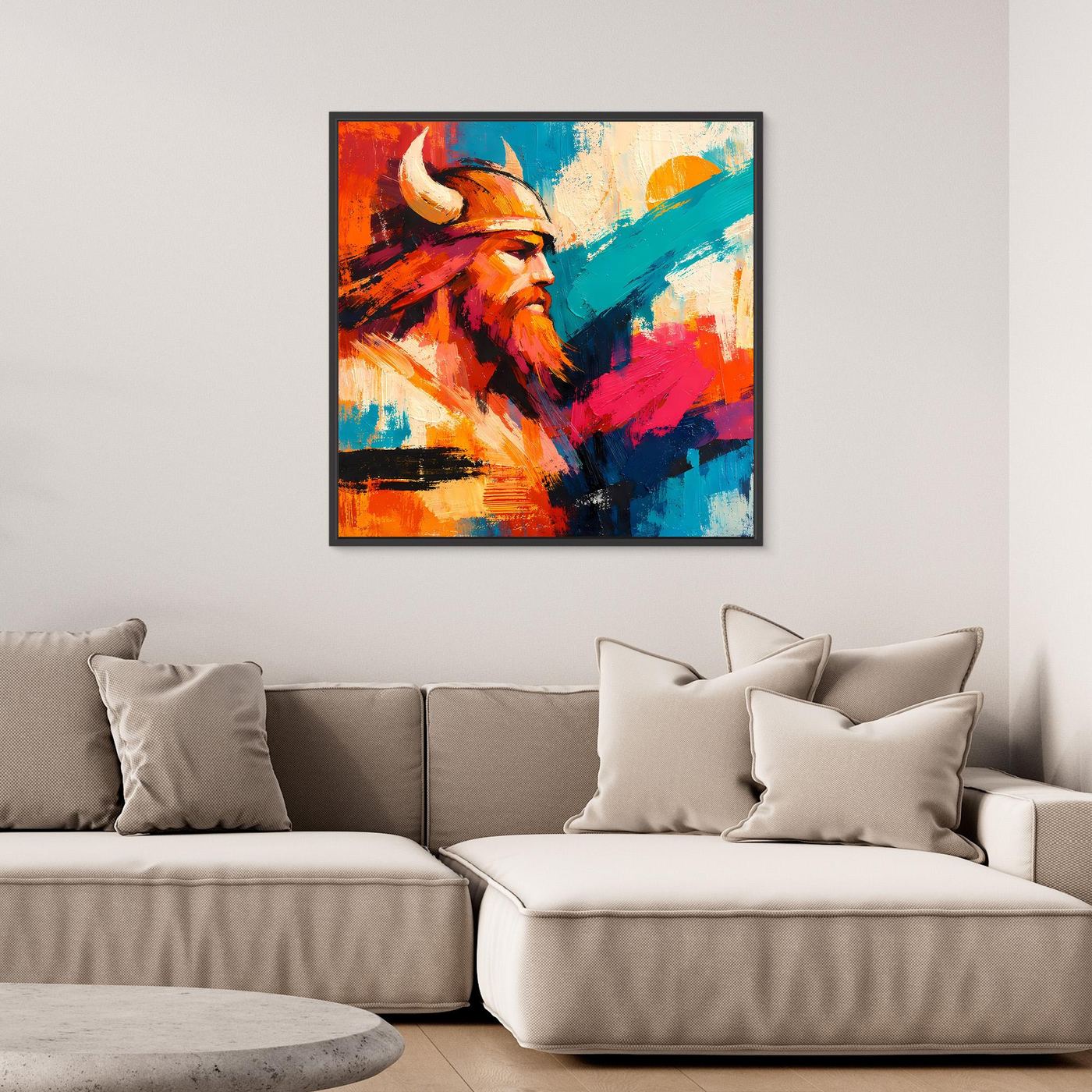 Buntes Leinwand-Wandbild mit Wikingerprofil im abstrakten Stil, schwarzer Rahmen