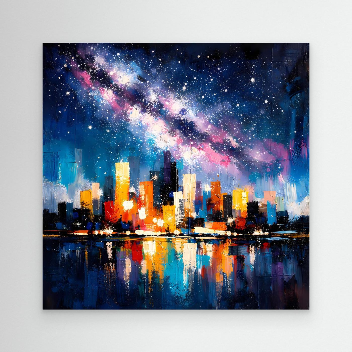 Starry city skyline wall canvas art with colorful skyscrapers and mirrored night lights