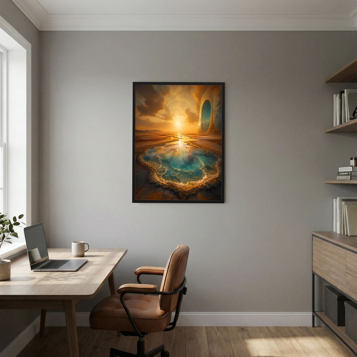Poster im Hochformat mit schwarzem Rahmen: Lichtkreis-Portal mit türkisfarbenem Quellensee.