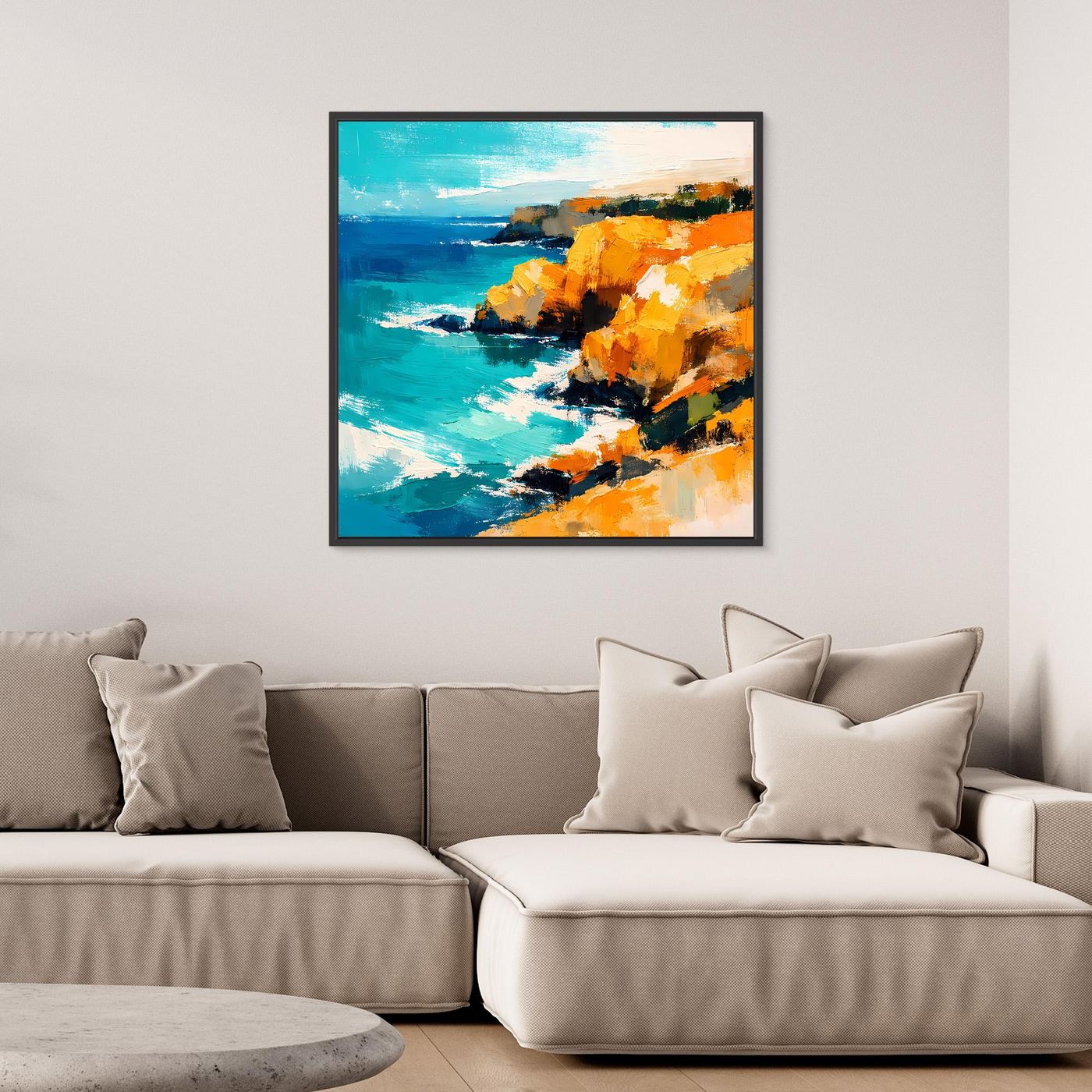 Leinwand Abstraktes Steilküsten Gemälde | Modernes Mediterranes Meeres Wandbild Blau Gelb