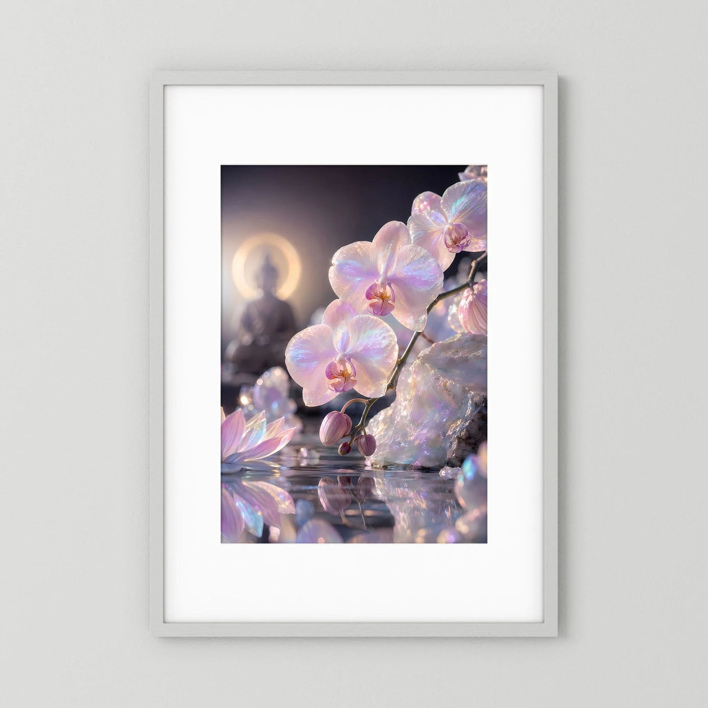 Hochformatiges Poster mit hellrosa Orchideen und Perlmutt-Effekt, im Rahmen