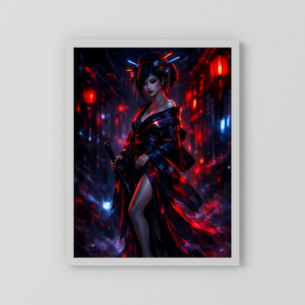 Senkrechtes Wandposter mit Kriegerin und Katana, Neon-Rot/Blau, weißer Rahmen um den Druck