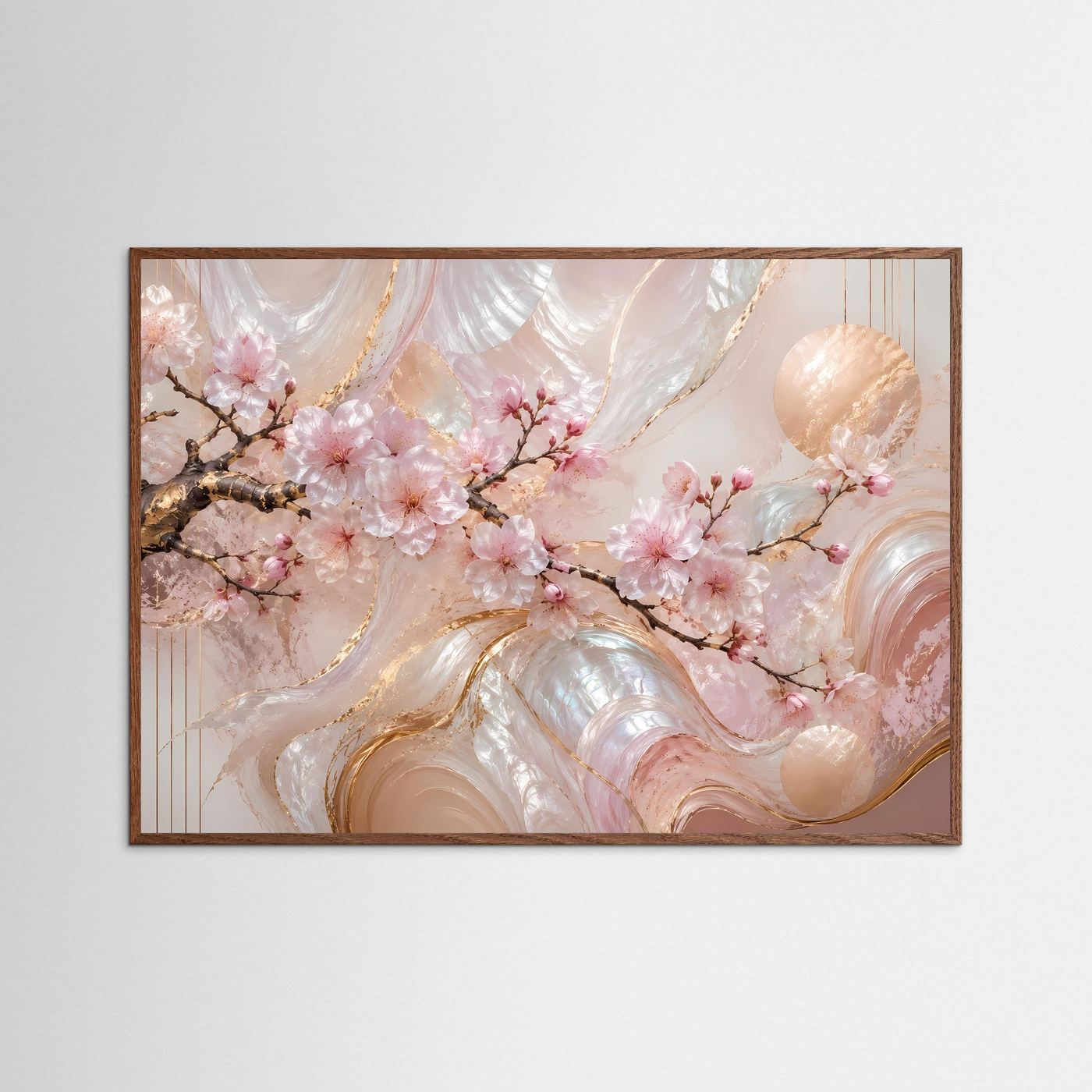 Abstraktes Sakura-Poster mit rosa Blüten und goldenen Wirbeln, dunkler Eichenrahmen
