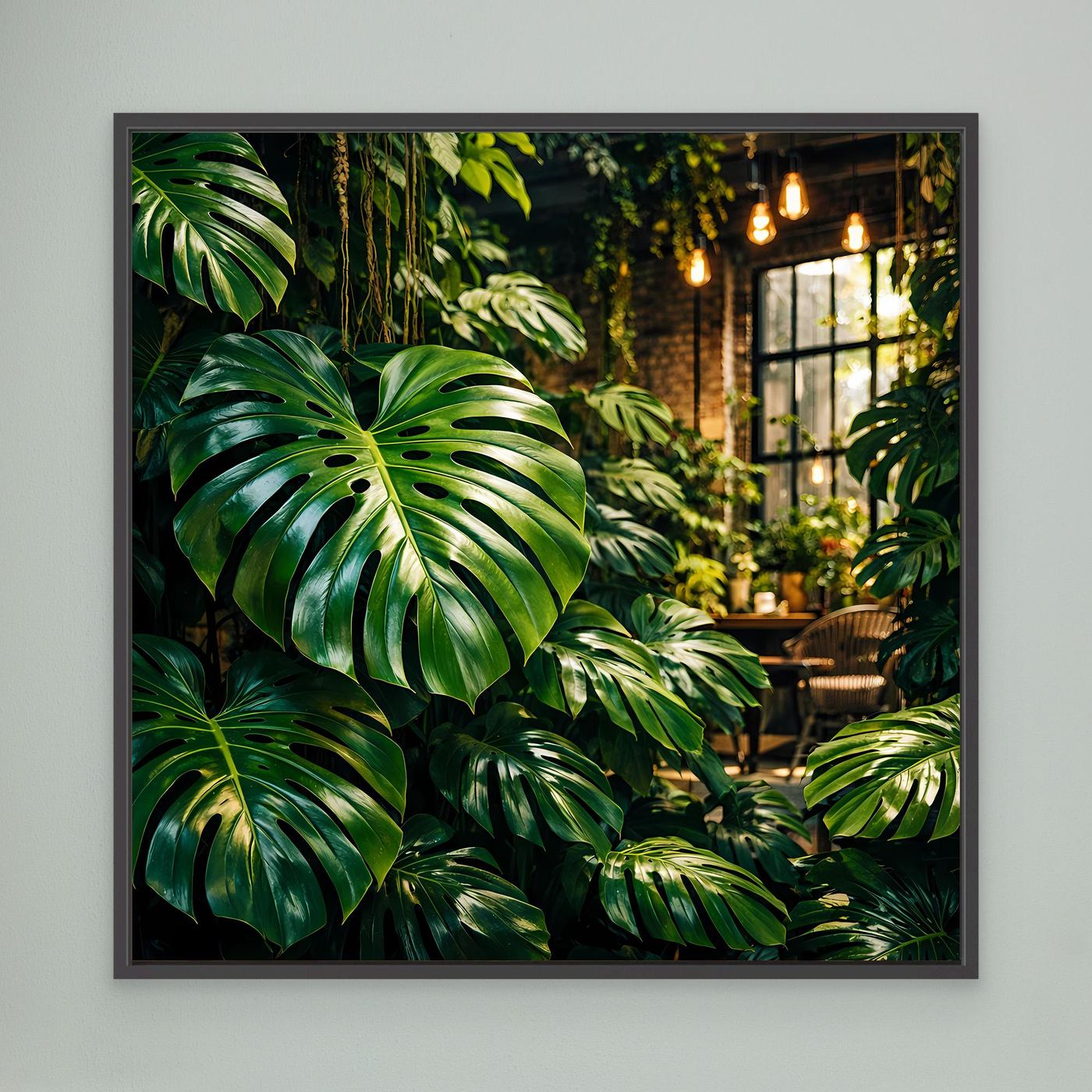 Leinwandbild mit grünen Tropenblättern (Monstera) im schwarzen Rahmen