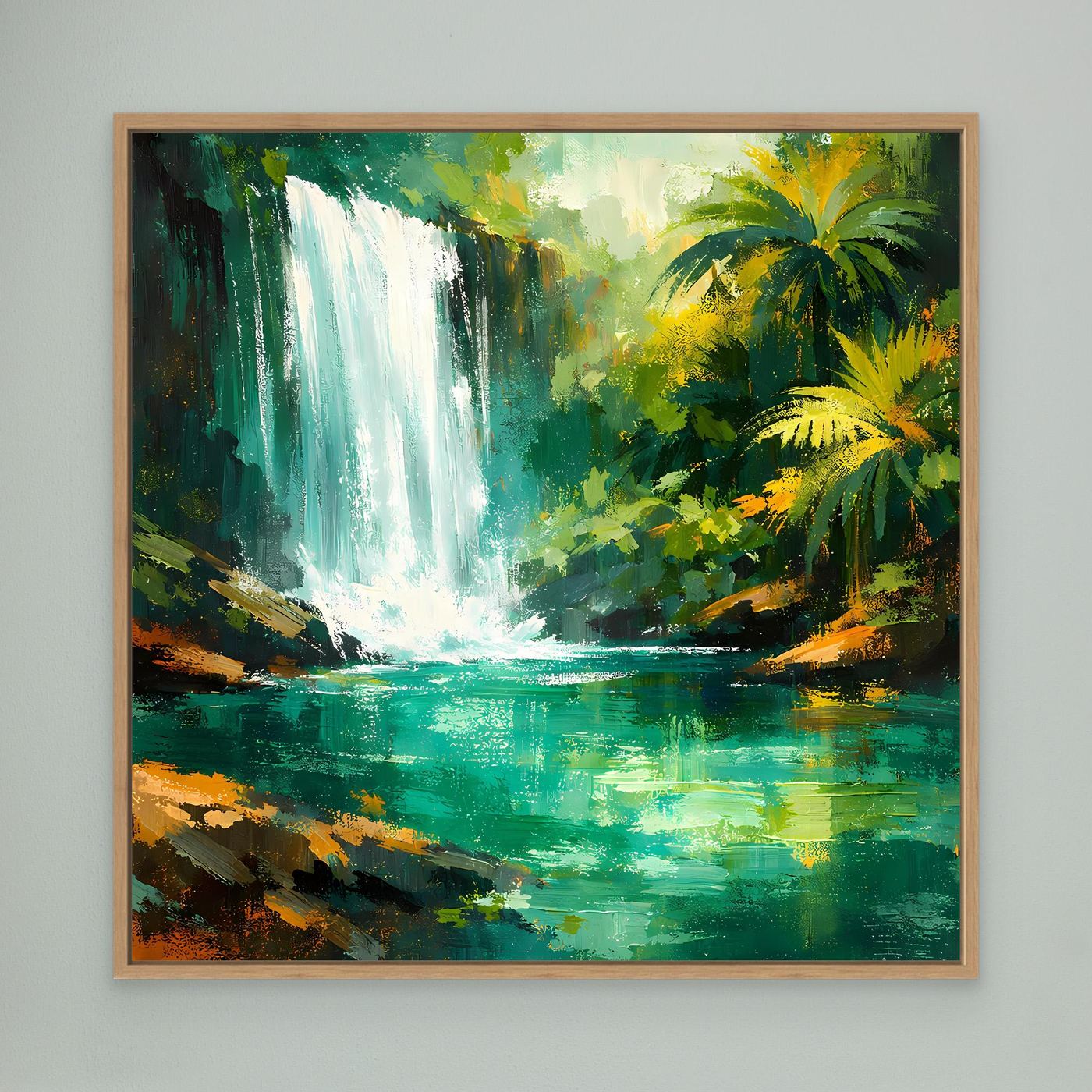 Leinwand Abstraktes Dschungel Wandbild mit Wasserfall | Modernes Natur Kunstwerk Grün