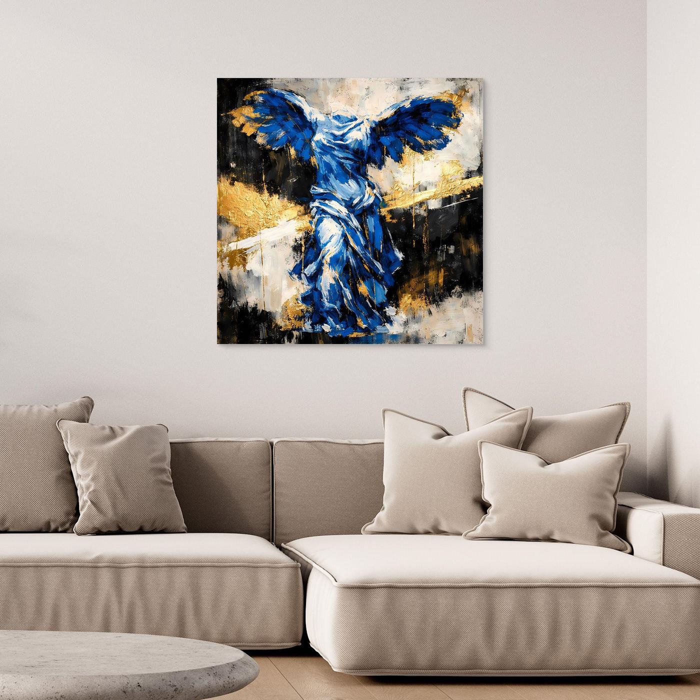 Leinwand Nike von Samothrake in Blau | Abstraktes Skulpturen Wandbild Gold