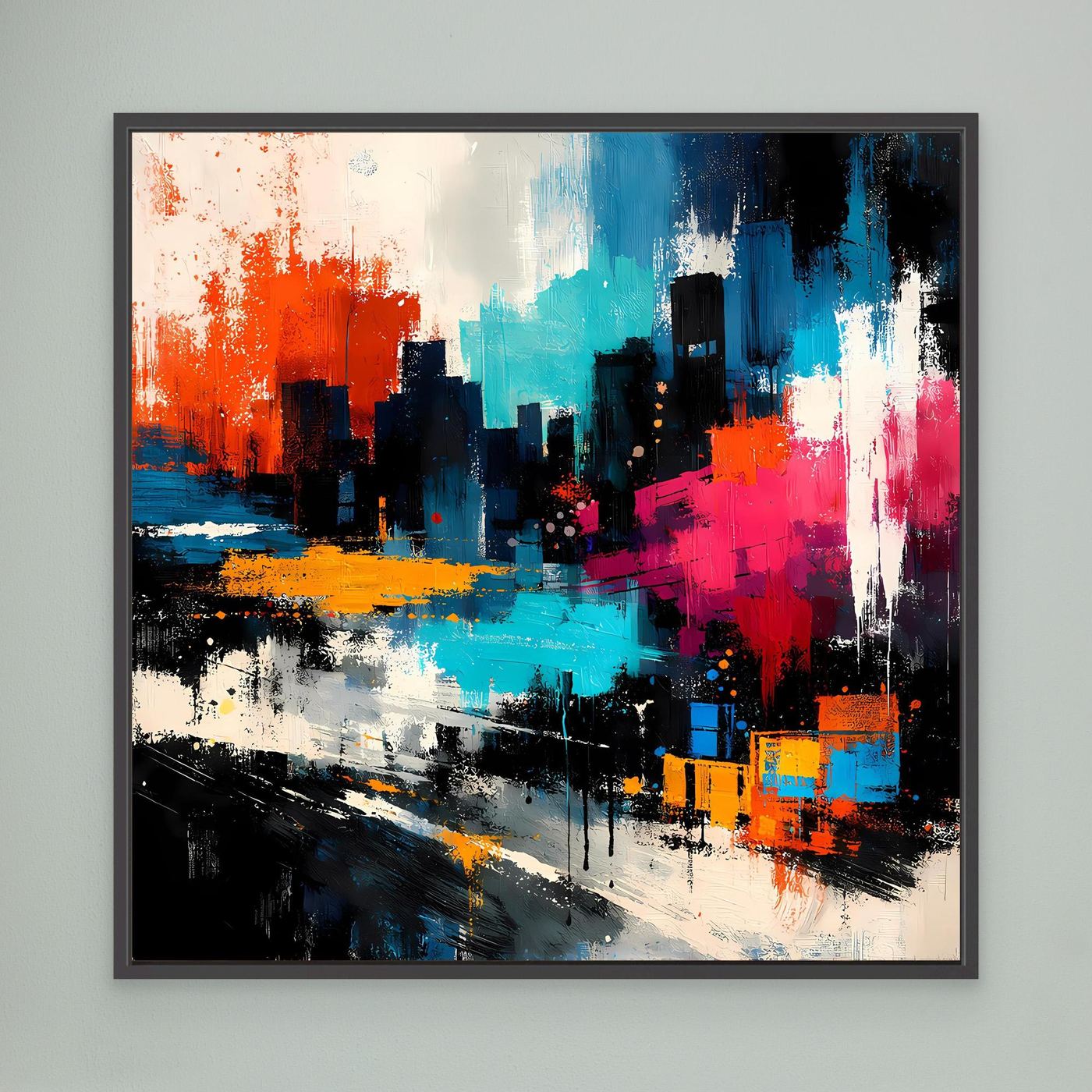 Abstract city skyline canvas wall art with orange, blue and pink city blocks, dark frame