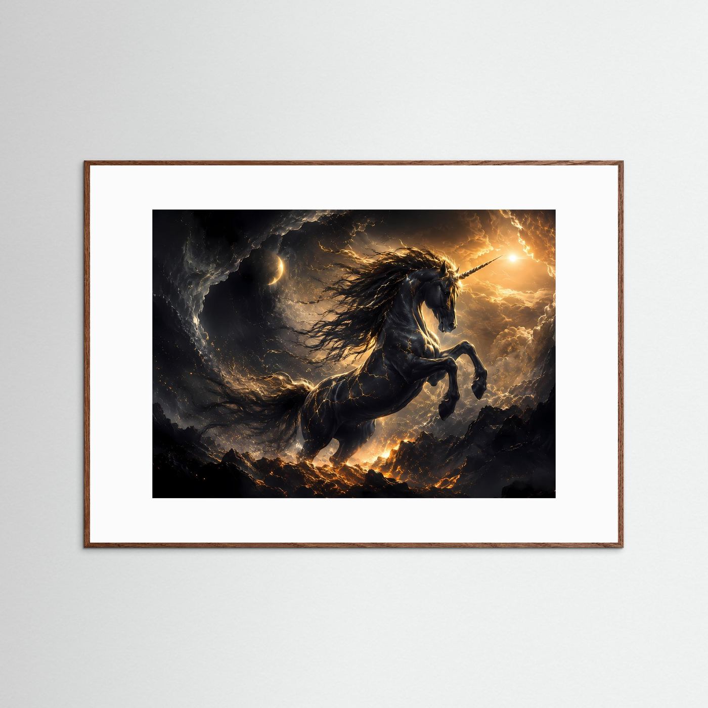 Einhorn Poster | Mystische Fantasy Wandkunst | Schwarzes Einhorn mit Gold | Magische Himmel Landschaft | Leinwandbild Modern