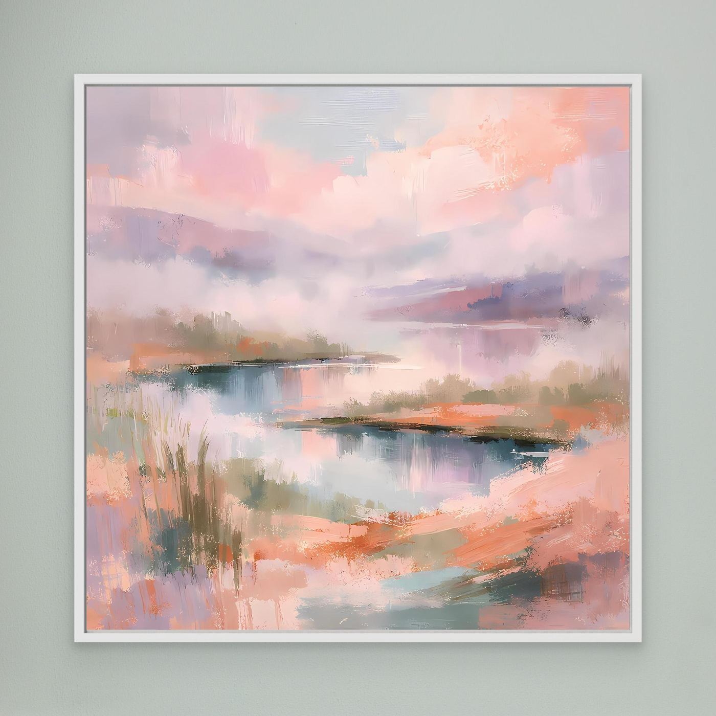 Pastellfarbenes abstraktes Seenlandschaft-Wandbild auf Leinwand, weißer Rahmen