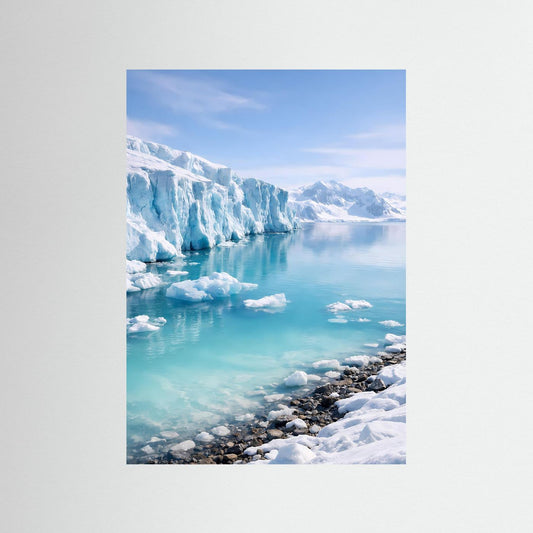 Gletscher-Poster in Hochformat mit türkisfarbenem Wasser und blauem Eis