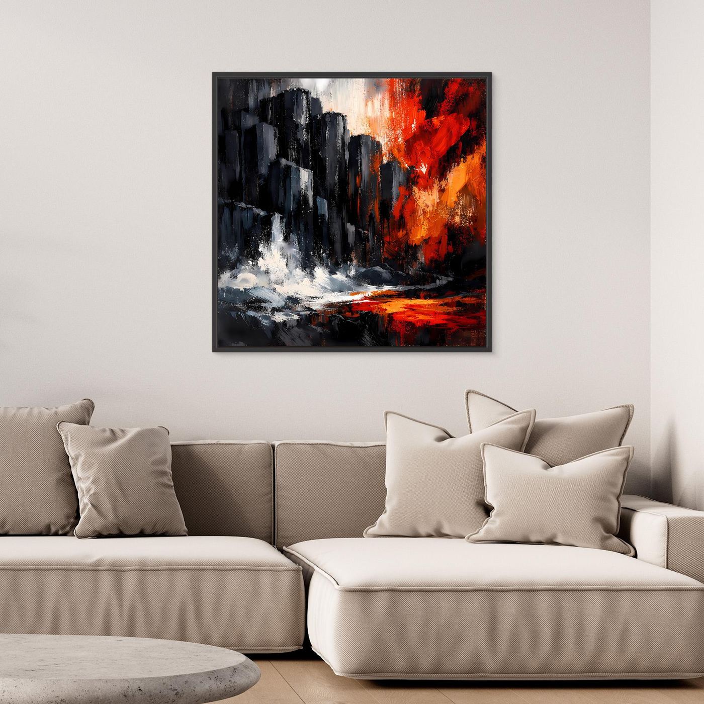 Leinwand-Wandbild mit abstrakten Felsklippen, rotem Sonnenuntergang und schwarzem Rahmen