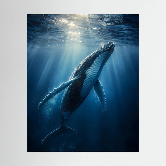 Hochformatiges Poster: Buckelwal unter Wasser mit Sonnenstrahlen im tiefblauen Meer