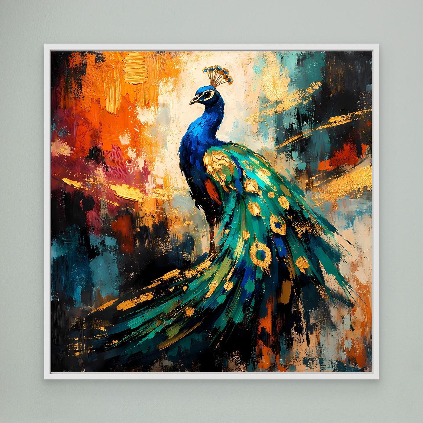 Leinwandbild mit leuchtendem Pfau-Motiv, weißer Rahmen