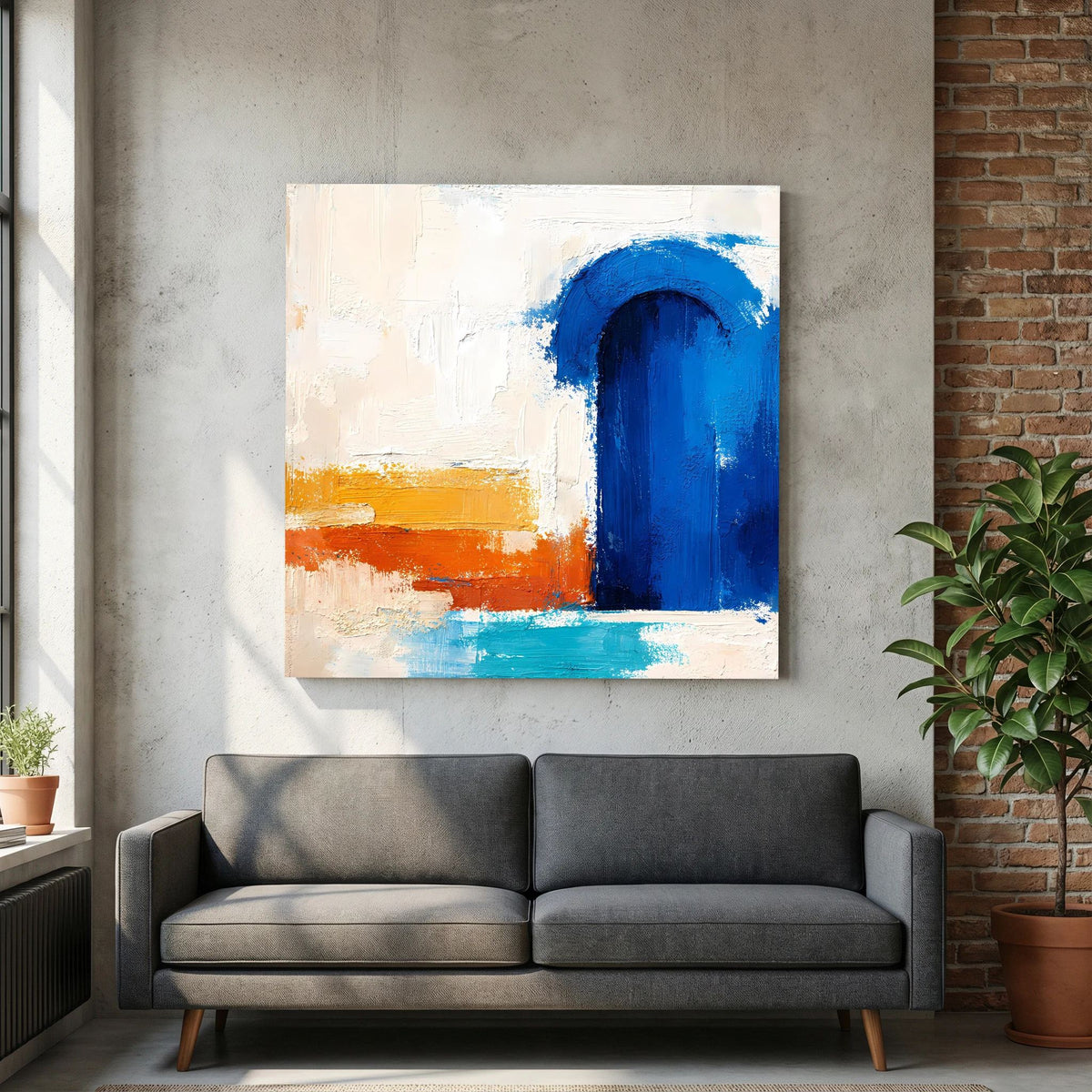 Abstraktes Leinwandbild mit blauem Torbogen, orangefarbener Bahn und hellgrauem Texturrahmen