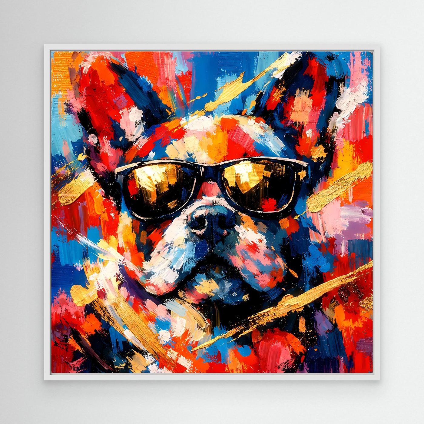 Abstraktes Leinwandbild mit weißem Rahmen: Französische Bulldogge mit Sonnenbrille
