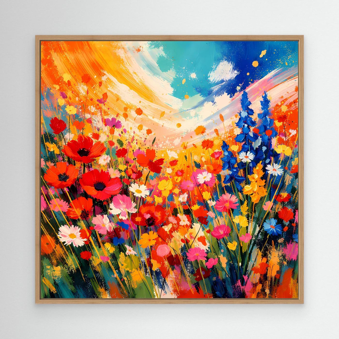 Leinwandbild mit abstrakter bunten Blumenwiese, rote und blaue Blüten, Eichenrahmen