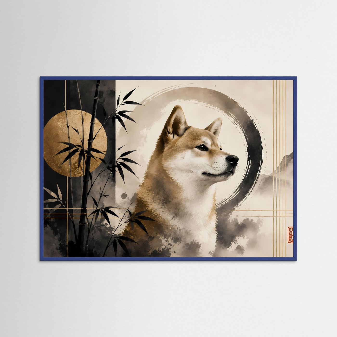 Gerahmtes Querformat-Poster mit Shiba Inu Zen-Motiv, Bambus und Kreisornamenten, blau