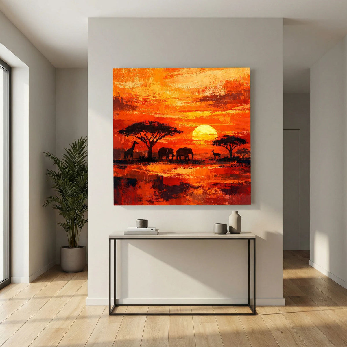 Leinwand-Wandbild Afrikanische Savanne mit zentraler Sonne, dunklen Bäumen und Elefantenherde