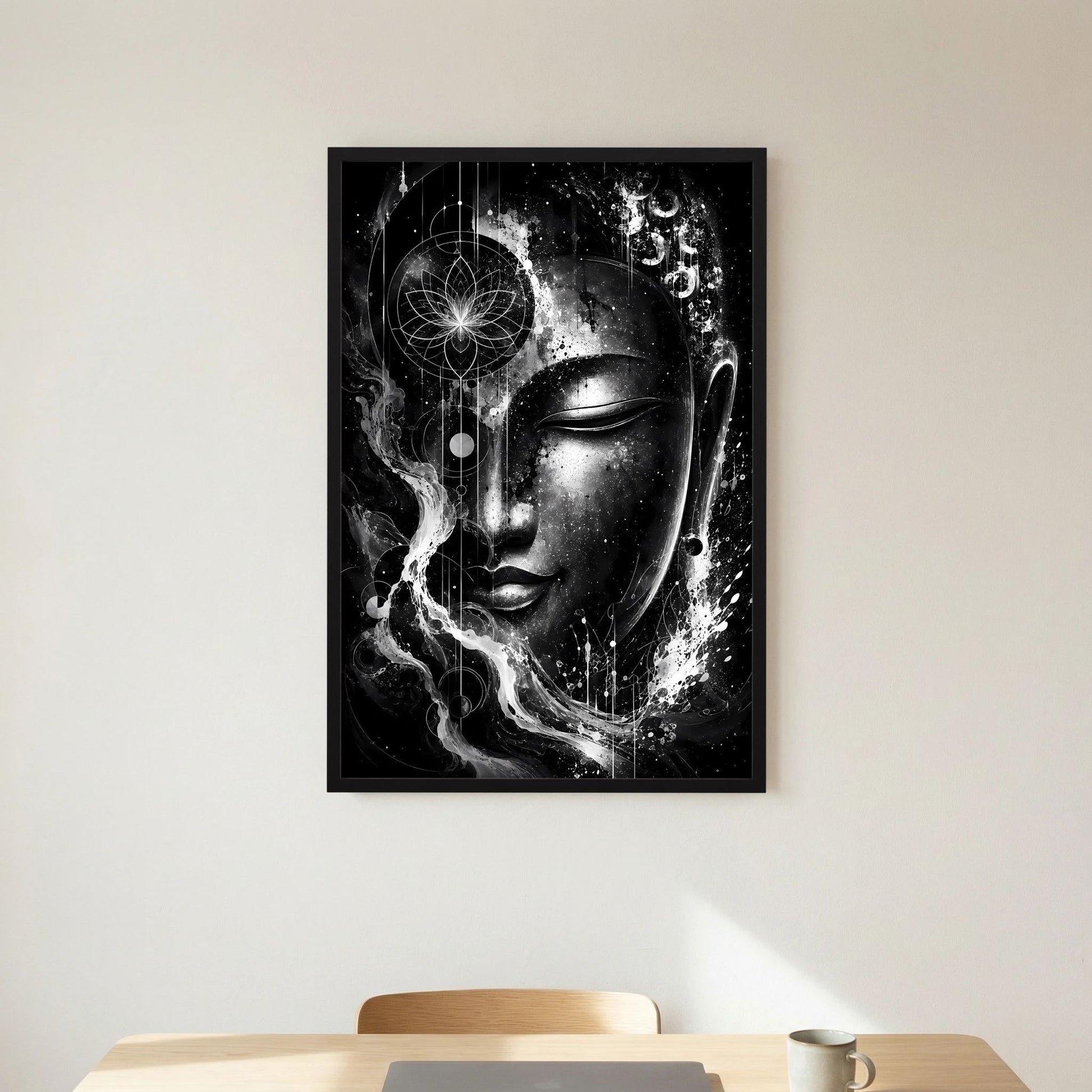 Poster mit abstraktem Buddha-Gesicht in Schwarzweiß, schwarzer Rahmen, zentral
