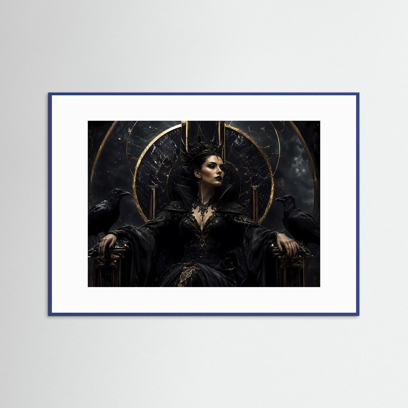 Dunkle Königin auf Marmorthron – Gothic Fantasy Motiv mit Krone & Raben
